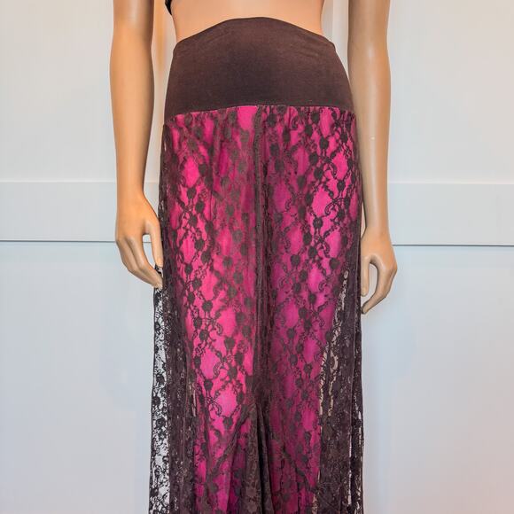 Elietian Ver'e'ne Western Brown Lace Maxi Skirt Attachd Hot Pink Leggings-Medium - Picture 8 of 9
